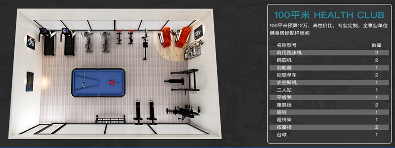 100平方健身室-jiuyou.com健身器材企事业健身解决方案